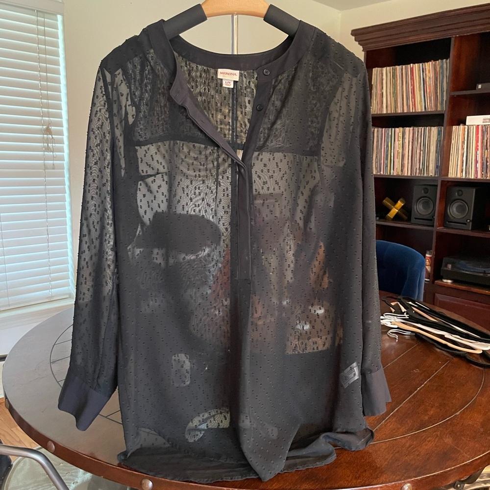 Black Sheer 1/4 Button-Up Blouse